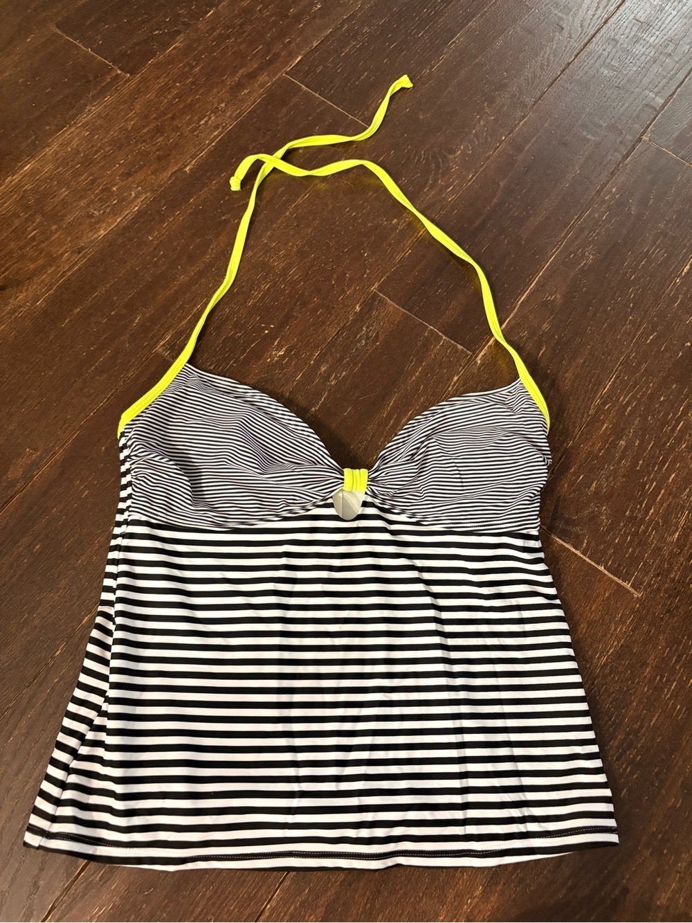 Old Navy Black and White Striped Halter Top with Neon Yellow Trim